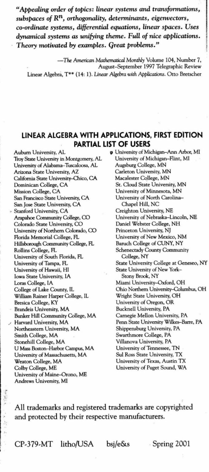 2nd edition: Linear Algebra with Applications-- Otto Bretscher